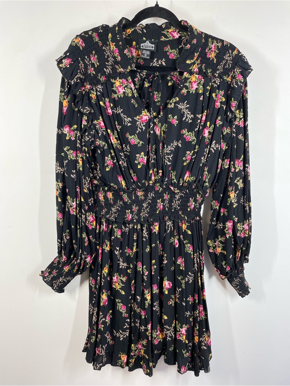 Angie Black Floral Mini Dress Medium Romantic Boho Cottagecore Pleated Ruffle